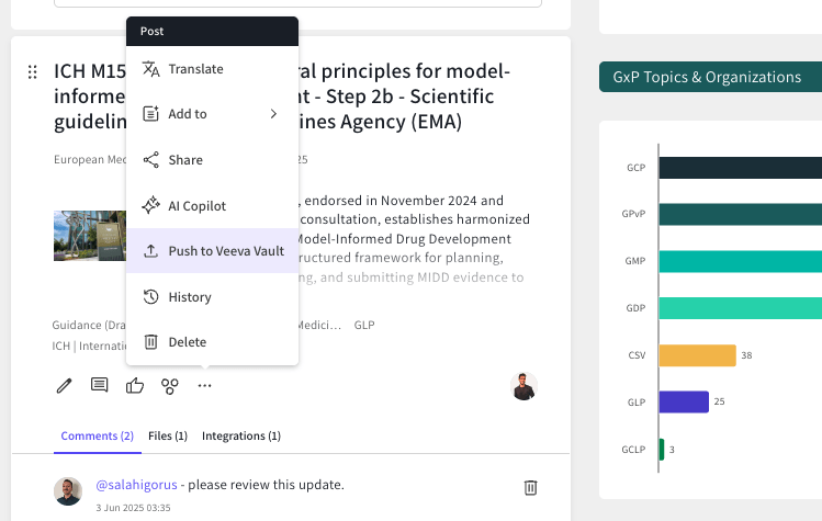 InfoDesk dashboard showing the Push to Veeva Vault button